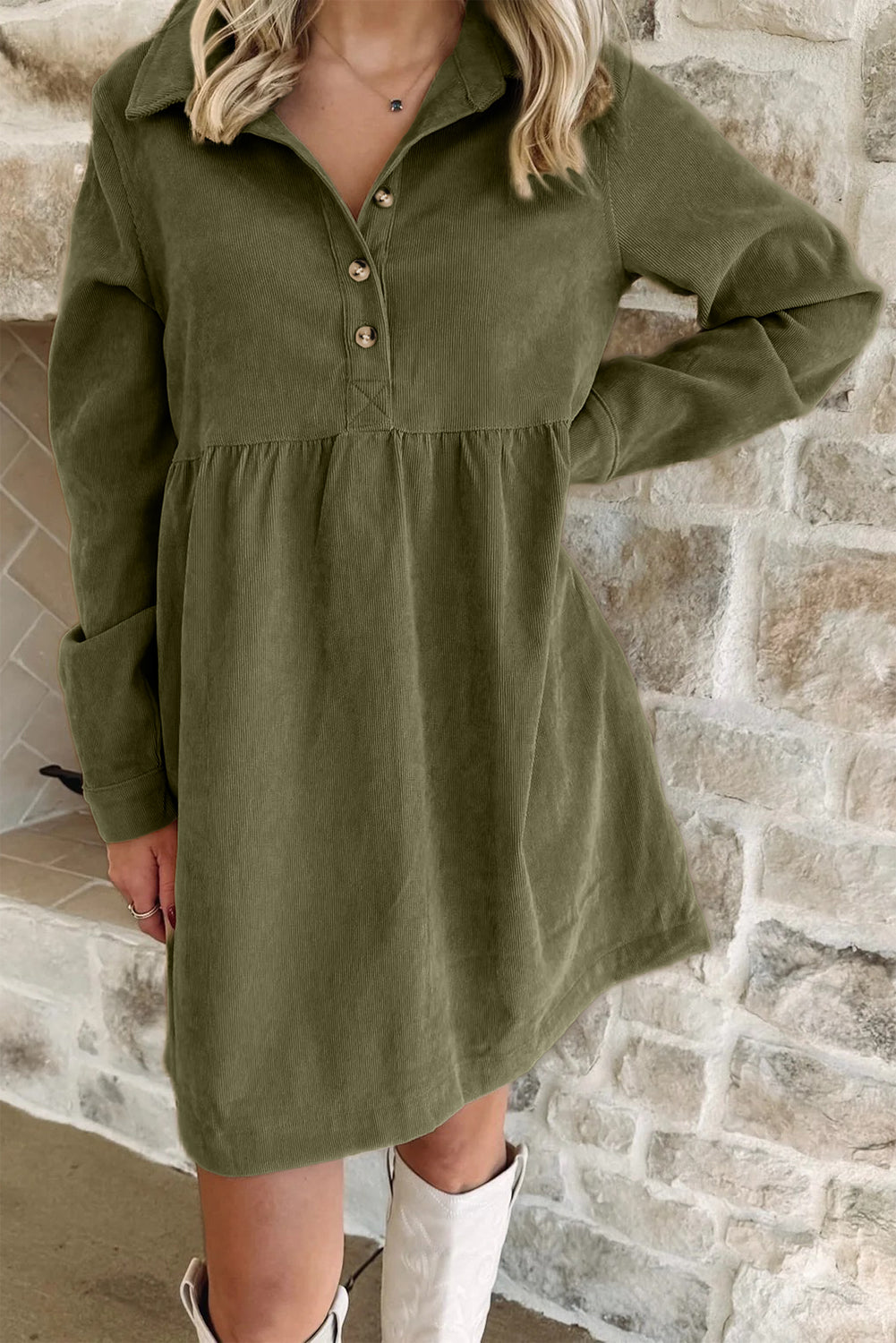 Vineyard Green Corduroy Half Button Collared Long Sleeve Mini Dress-Dresses/Mini Dresses-[Adult]-[Female]-Vineyard Green-S-2022 Online Blue Zone Planet