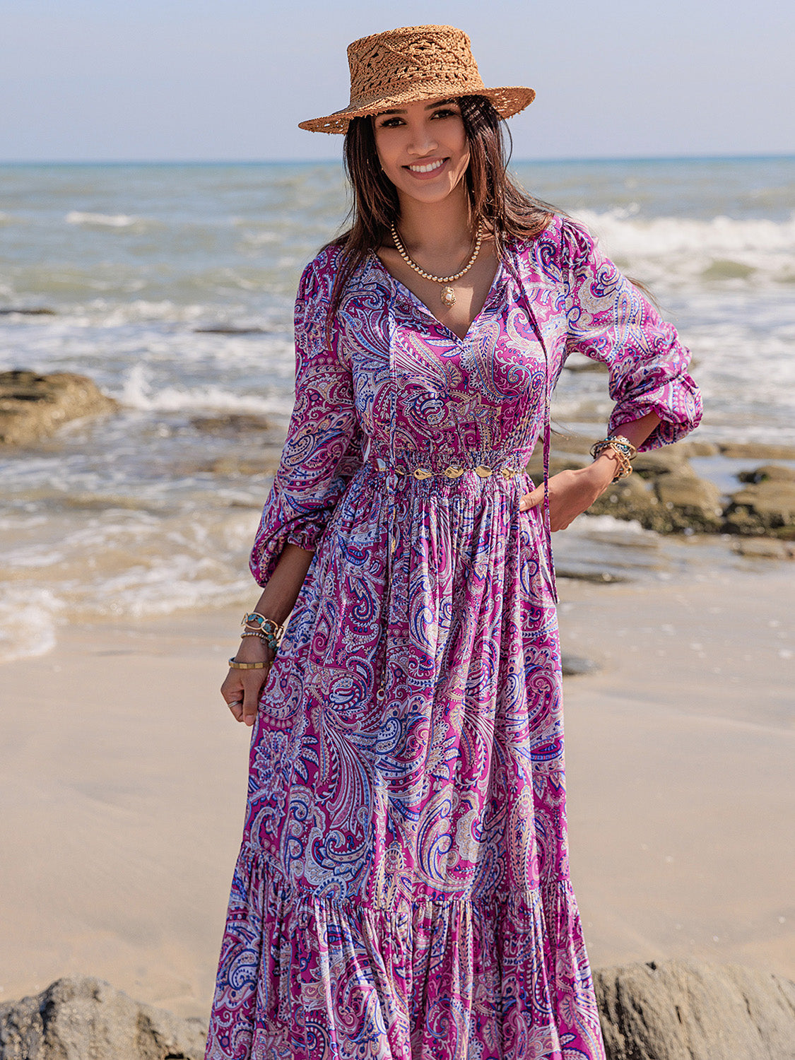 Printed Tie Neck Balloon Sleeve Maxi Dress-TOPS / DRESSES-[Adult]-[Female]-2022 Online Blue Zone Planet