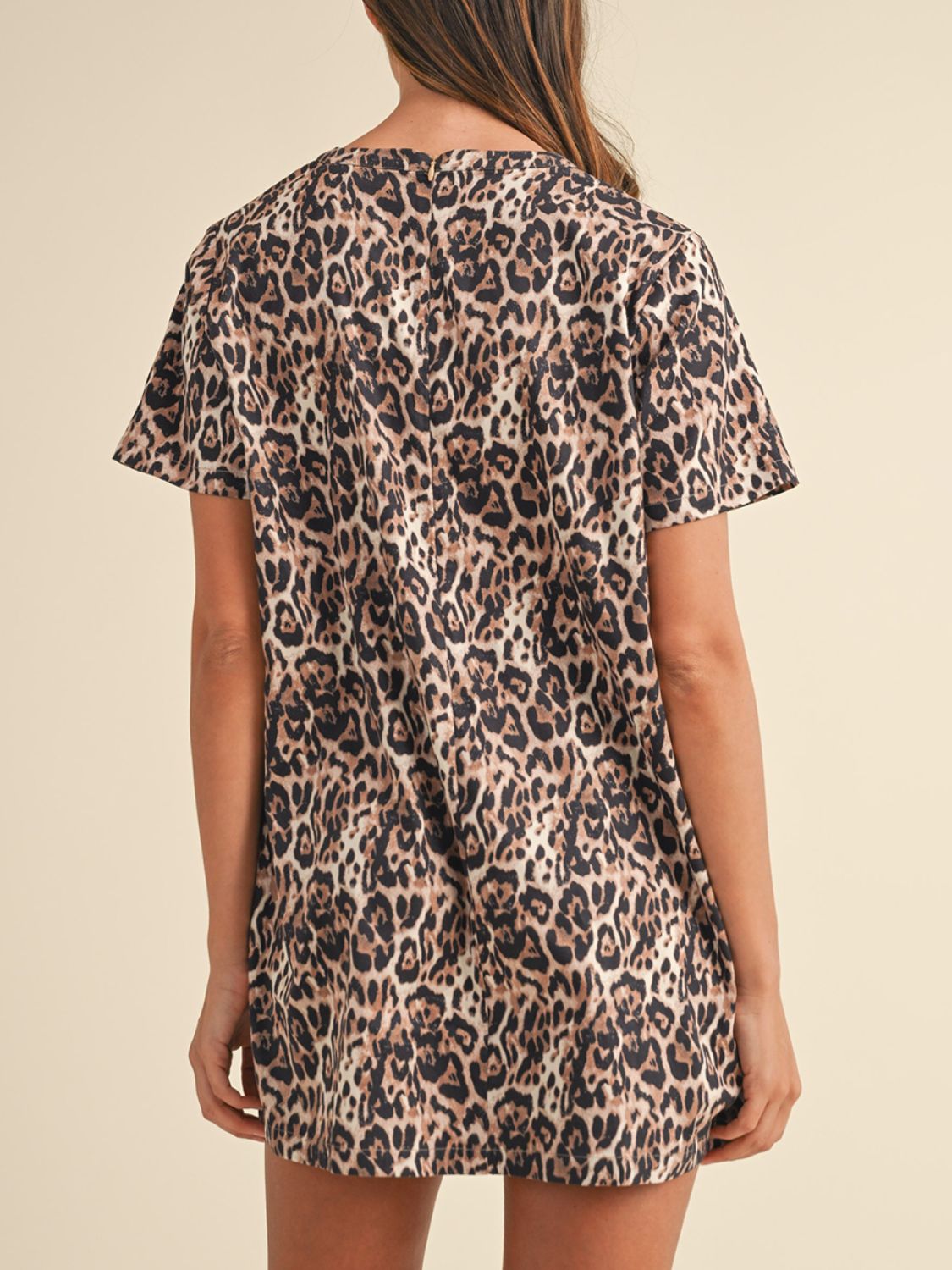 Leopard Round Neck Short Sleeve Mini Dress-TOPS / DRESSES-[Adult]-[Female]-2022 Online Blue Zone Planet