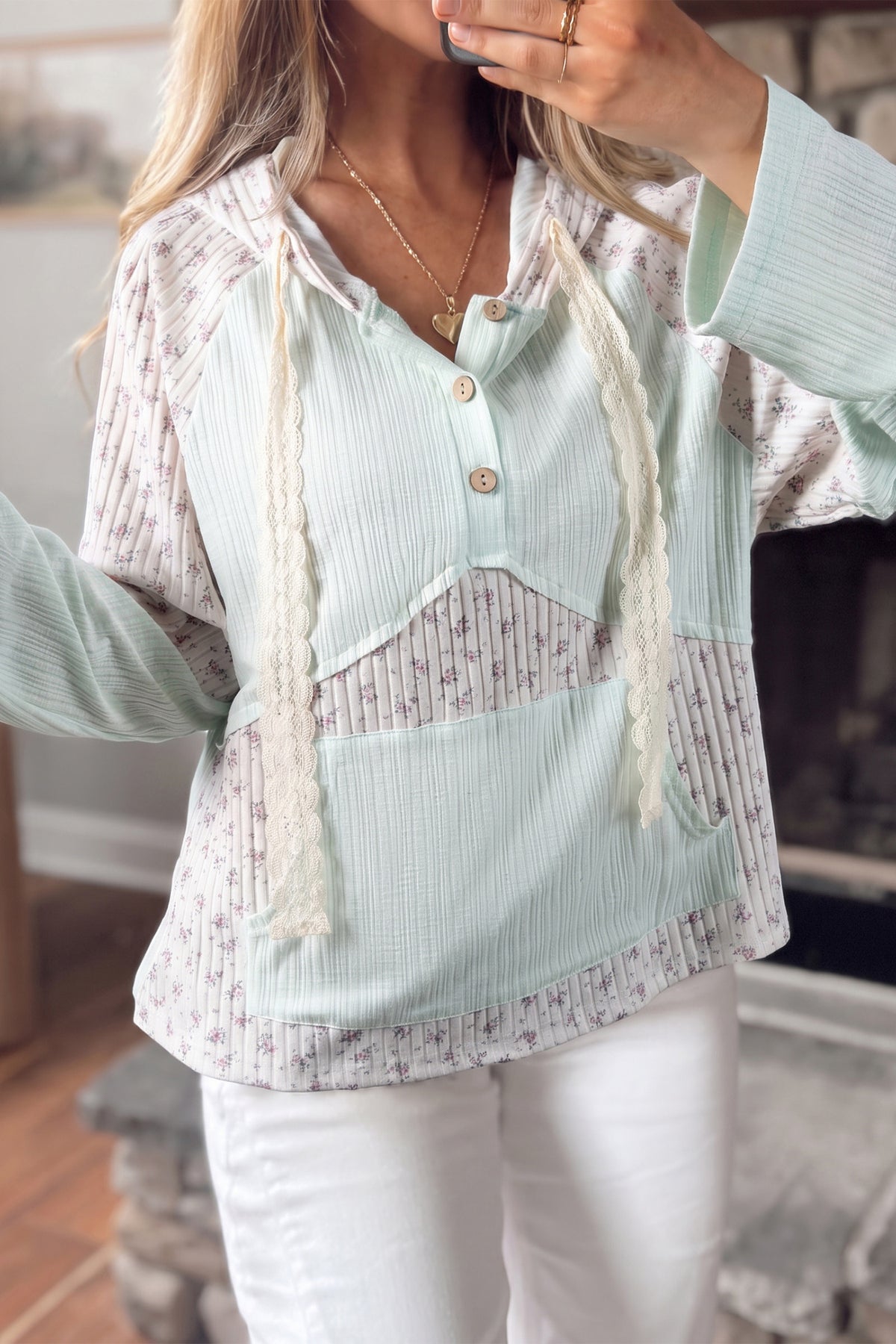 Clearly Aqua Textured Floral Patchwork Button Hooded Long Sleeve Top-Tops / Dresses-[Adult]-[Female]-2022 Online Blue Zone Planet