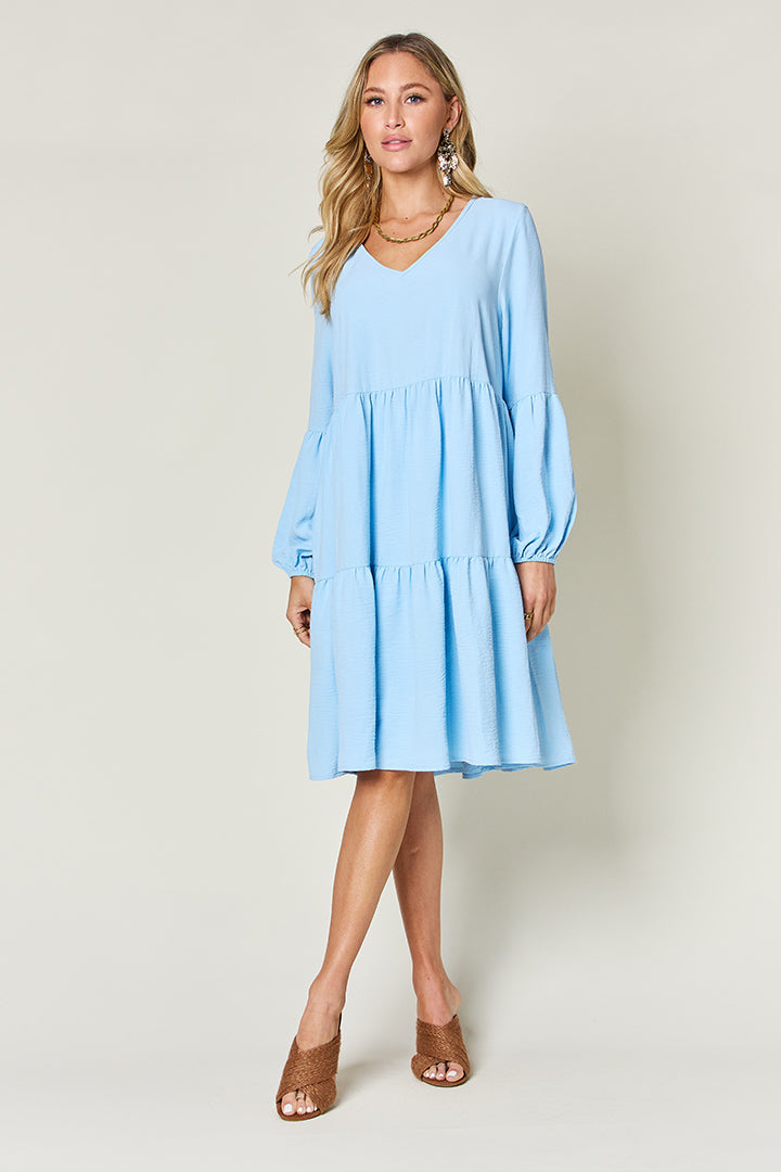 Blue Zone Planet | Double Take Full Size V-Neck Balloon Sleeve Tiered Dress-TOPS / DRESSES-[Adult]-[Female]-2022 Online Blue Zone Planet