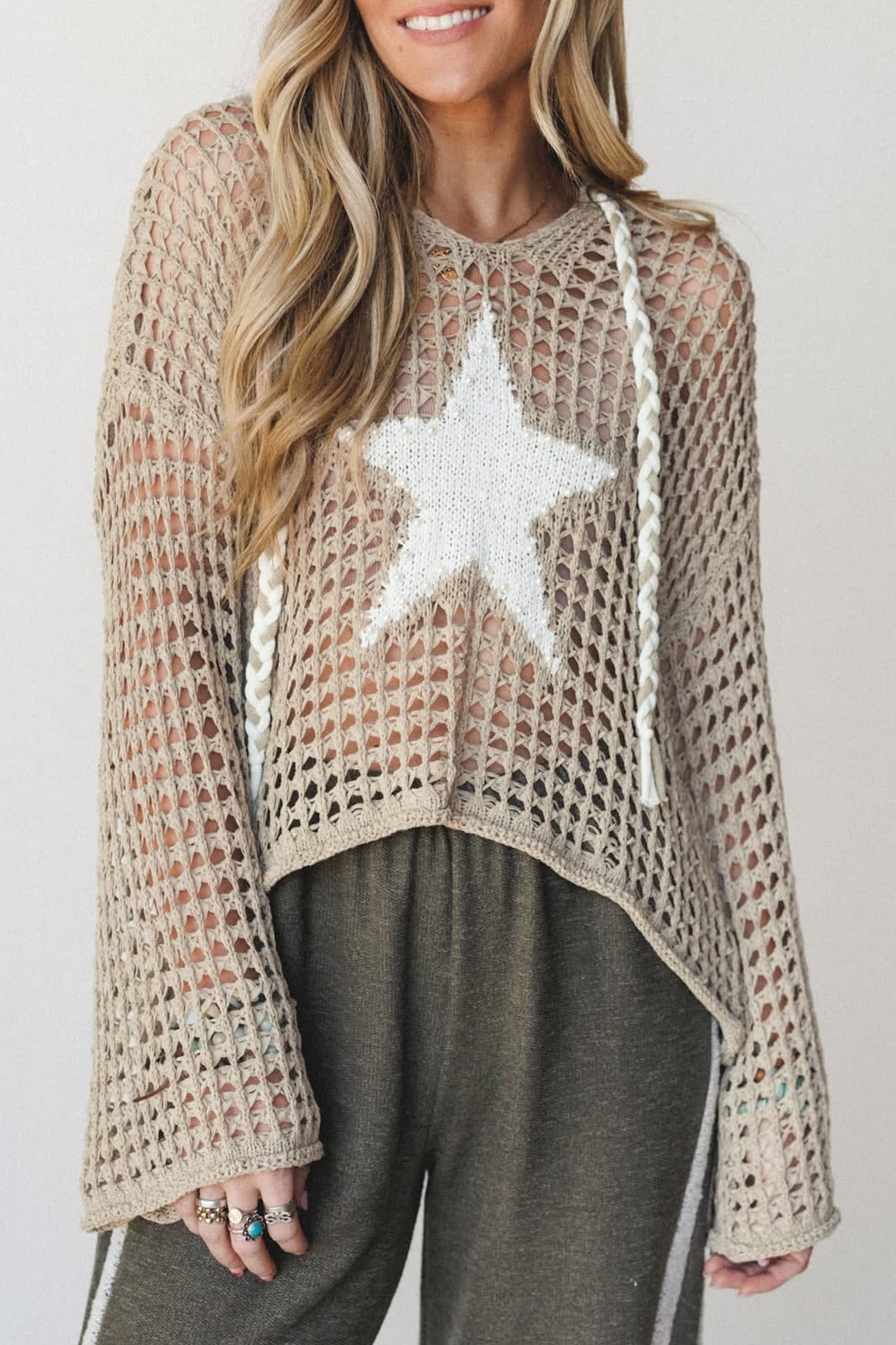 Sage Green Star Pattern Crochet Hooded Drawstring Sweater-TOPS / DRESSES-[Adult]-[Female]-2022 Online Blue Zone Planet