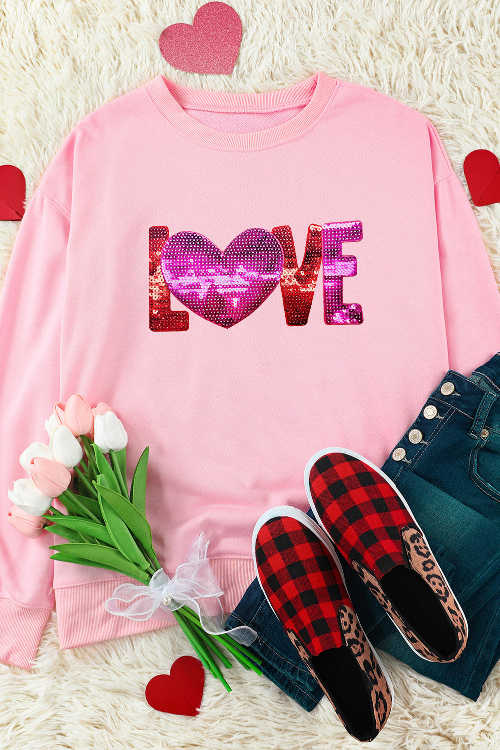 Pink LOVE Patched Pattern Drop Shoulder Valentines Pullover Sweatshirt-Graphic Sweatshirts-[Adult]-[Female]-2022 Online Blue Zone Planet