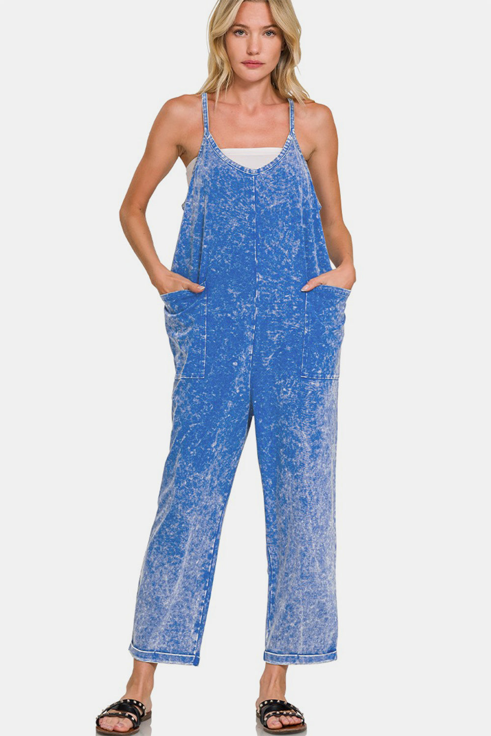 Blue Zone Planet | Zenana Washed Spaghetti Straps Overalls with Pockets-TOPS / DRESSES-[Adult]-[Female]-Classic Blue-S/M-2022 Online Blue Zone Planet