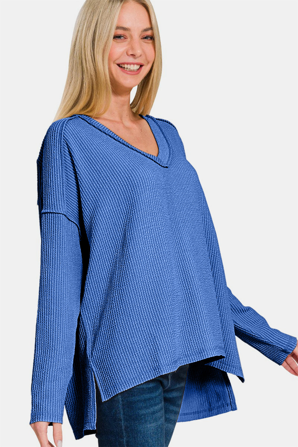 Blue Zone Planet | Zenana Texture Exposed Seam V-Neck Long Sleeve T-Shirt-TOPS / DRESSES-[Adult]-[Female]-2022 Online Blue Zone Planet