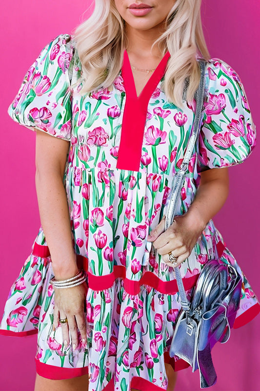 Pink Floral Print Contrast Trim V Neck Bubble Short Sleeve Babydoll Dress-Dresses/Floral Dresses-[Adult]-[Female]-Pink-S-2022 Online Blue Zone Planet