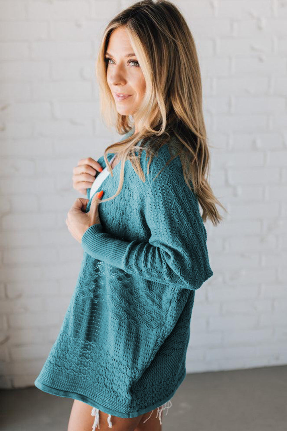 Lapis Mix Pattern Hollowed Knit Open Front Cardigan-Sweaters & Cardigans/Cardigans-[Adult]-[Female]-2022 Online Blue Zone Planet
