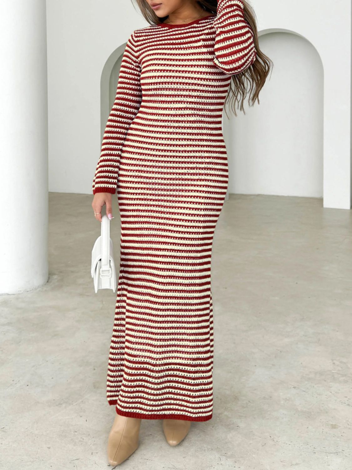 Devine Tied Round Neck Striped Sweater Dress-TOPS / DRESSES-[Adult]-[Female]-Terracotta-S-2022 Online Blue Zone Planet