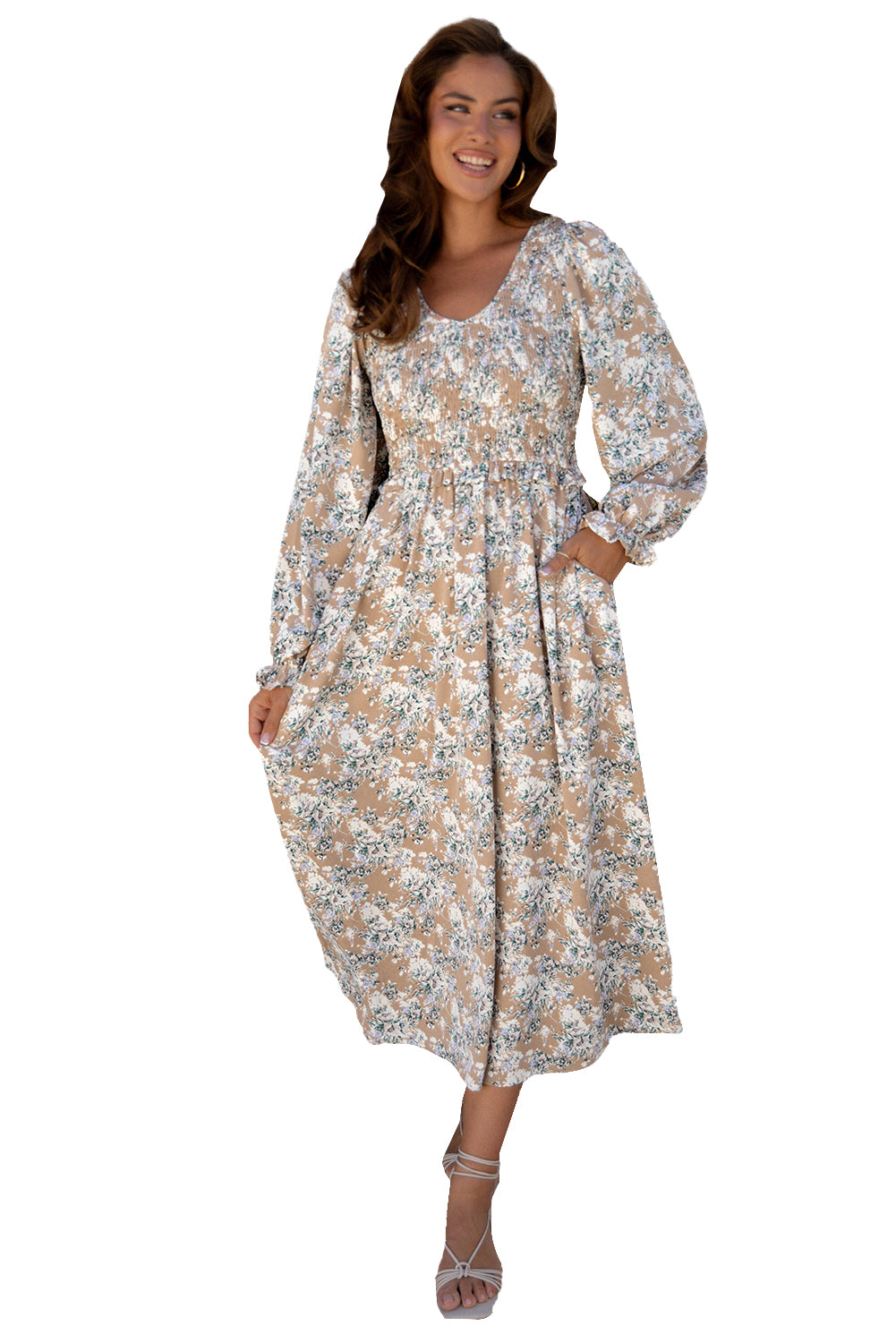 Blue Zone Planet |  Khaki Maple Grove Floral Smocked Puff Sleeve Long Dress