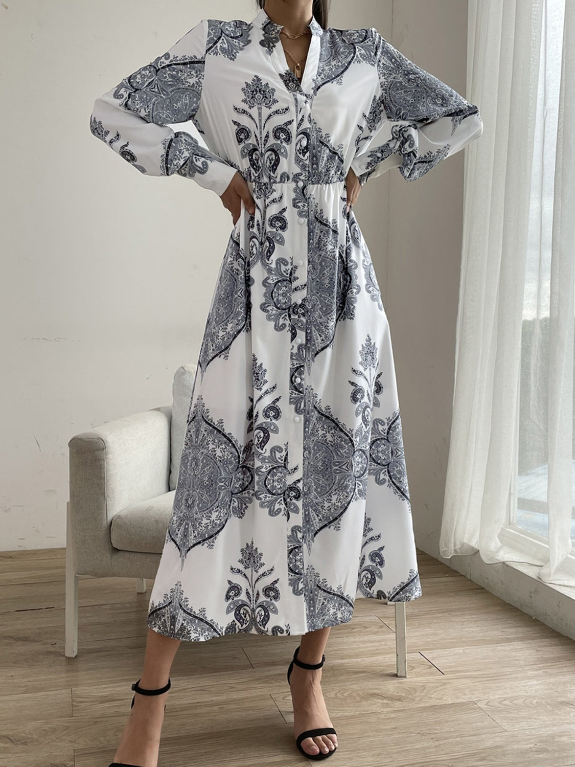 Printed Notched Lantern Sleeve Midi Dress-TOPS / DRESSES-[Adult]-[Female]-2022 Online Blue Zone Planet