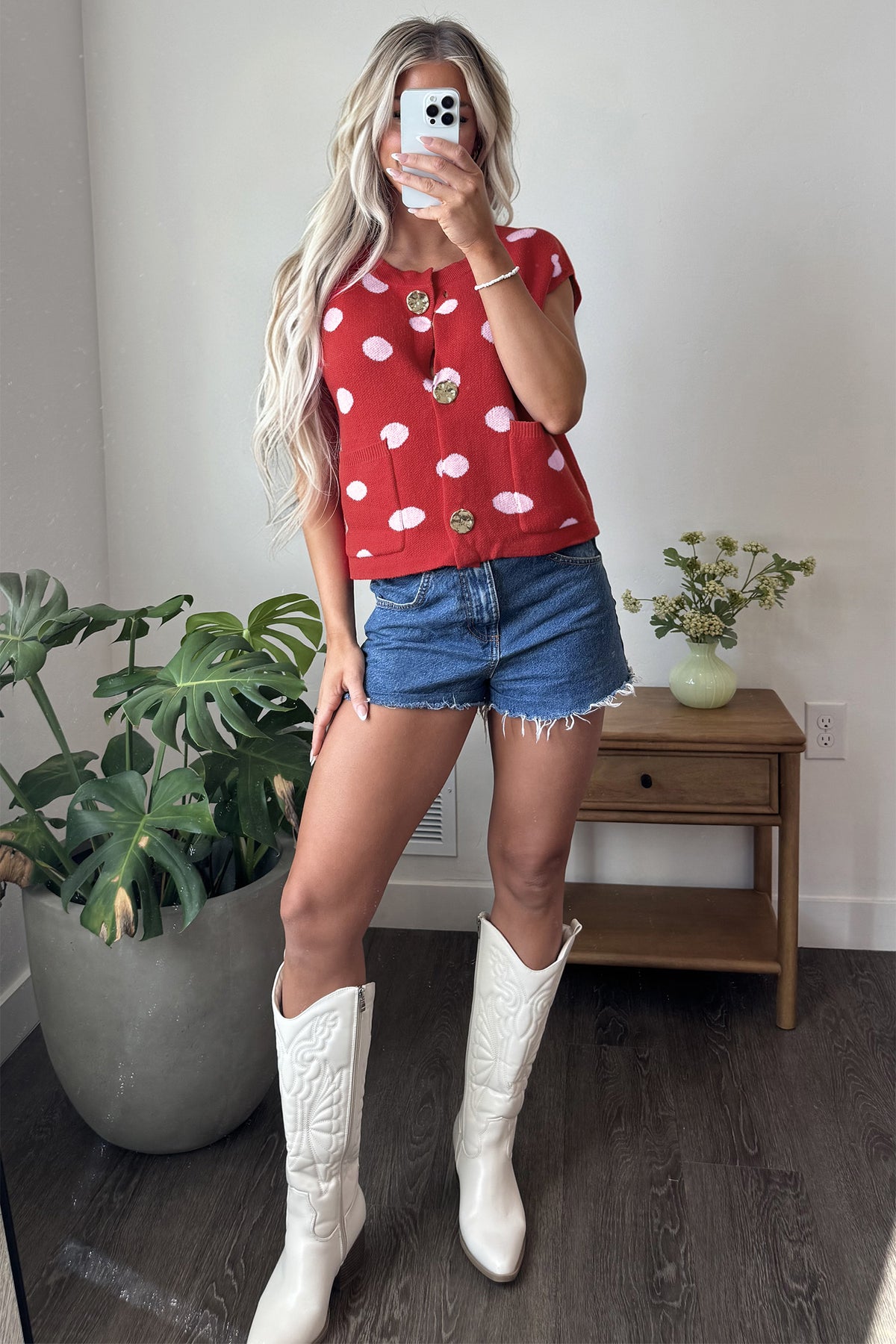 Red Polka Dot Sleeveless Knit Button Drop Shoulder Sweater Vest-TOPS / DRESSES-[Adult]-[Female]-2022 Online Blue Zone Planet