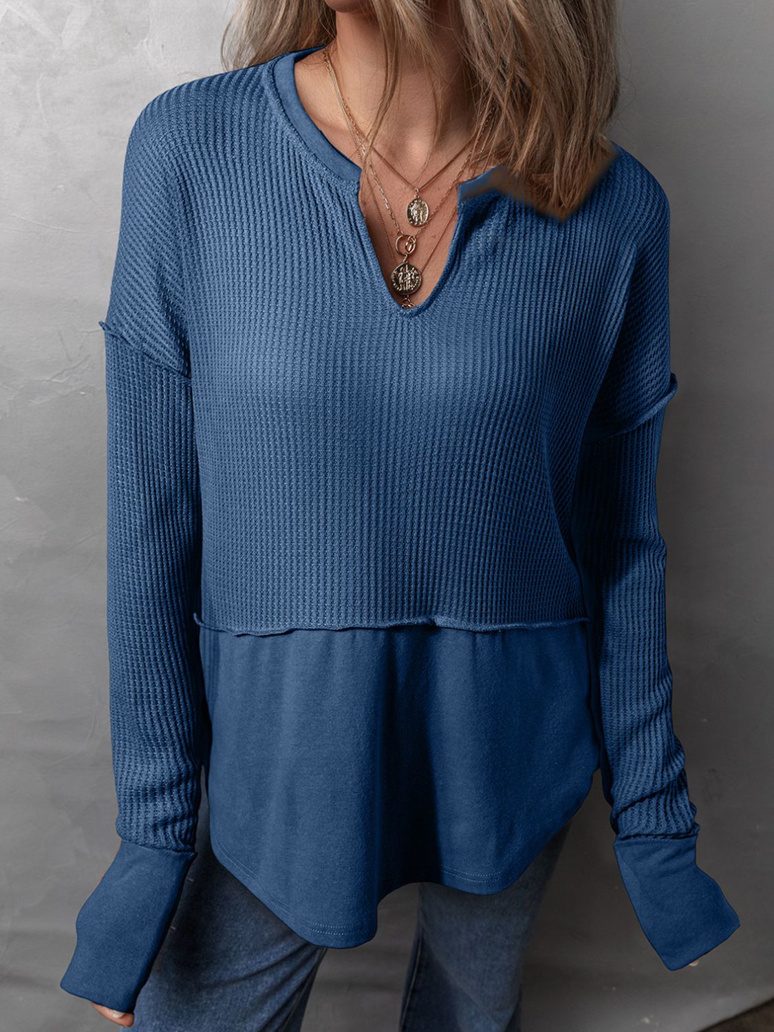 Waffle-Knit Notched Long Sleeve T-Shirt-TOPS / DRESSES-[Adult]-[Female]-Blue-S-2022 Online Blue Zone Planet