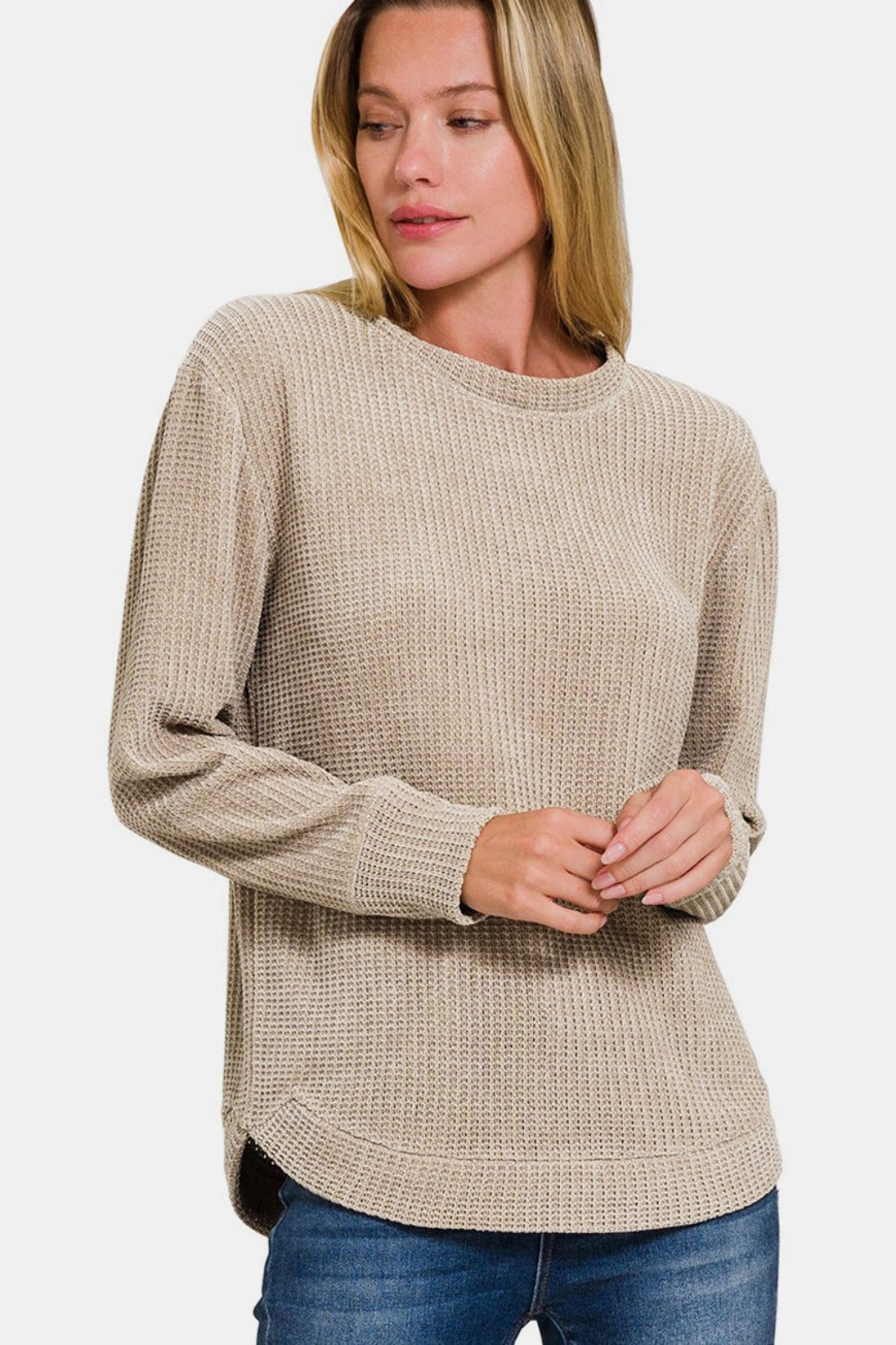 Zenana Chenille Waffle Round Neck Sweater-TOPS / DRESSES-[Adult]-[Female]-Ash Mocha-S-2022 Online Blue Zone Planet