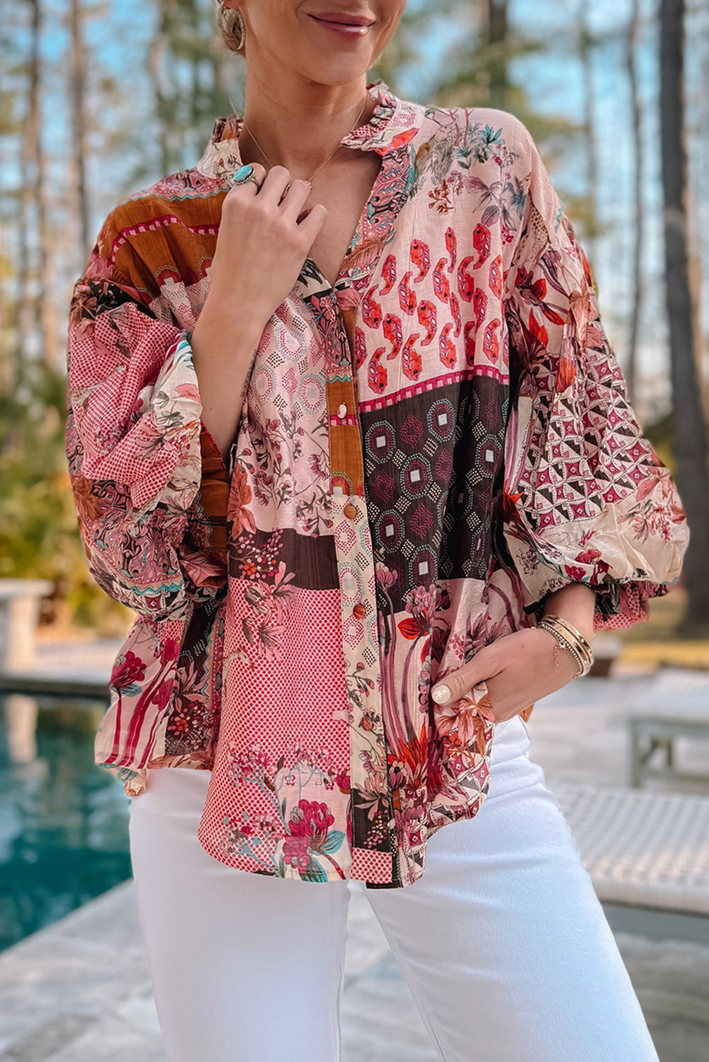 Blue Zone Planet | Red Boho Geometric Mixed Print Patchwork Bubble Sleeve Shirt-Tops/Blouses & Shirts-[Adult]-[Female]-2022 Online Blue Zone Planet
