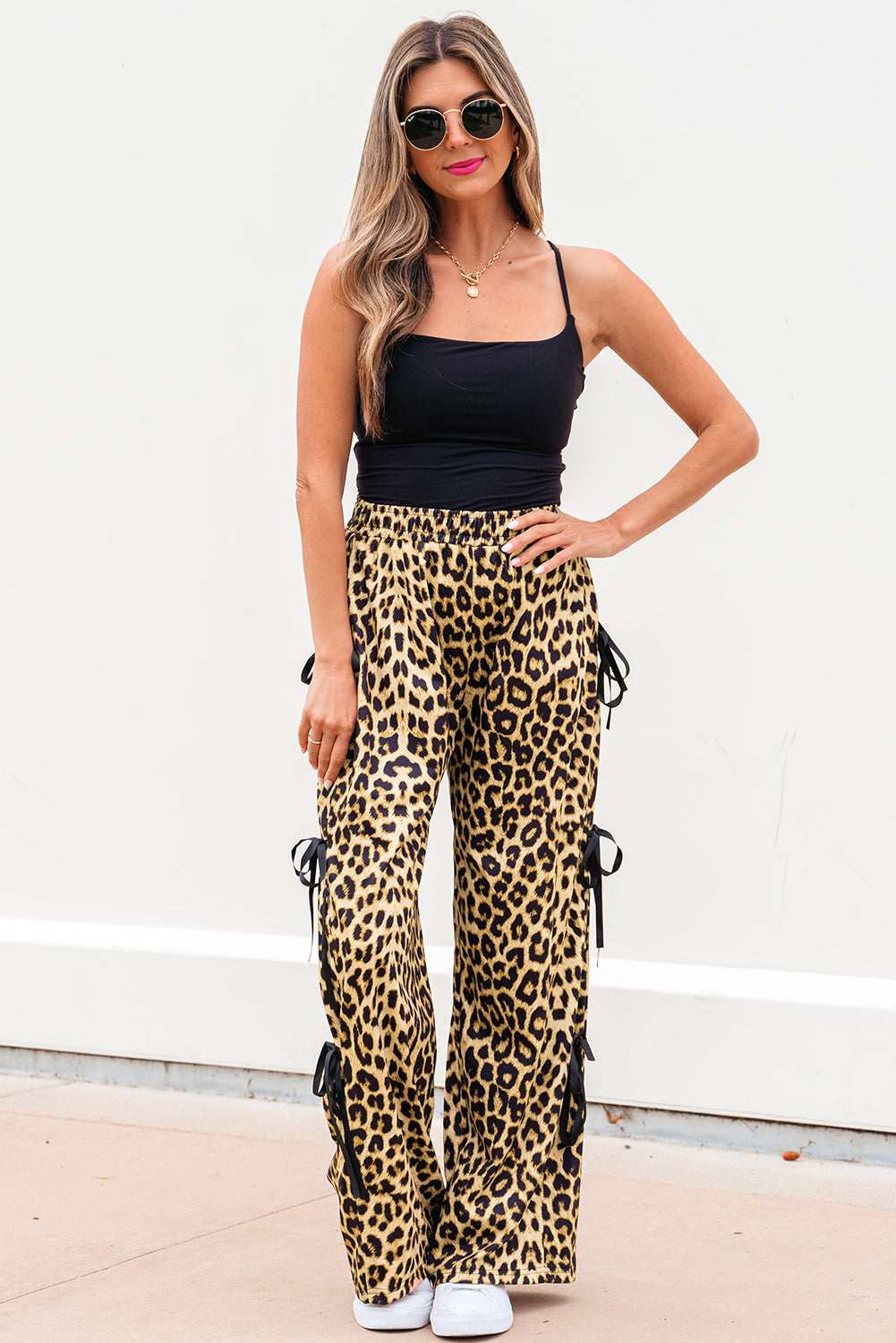 Brown Leopard Print Bow Tie Drawstring Elastic Waist Loose High Waist Pants-Bottoms/Pants & Culotte-[Adult]-[Female]-2022 Online Blue Zone Planet