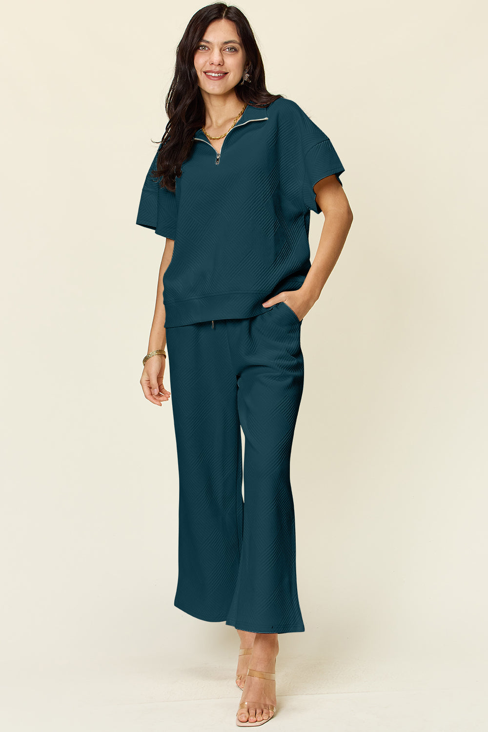 Blue Zone Planet | Double Take Full Size Texture Half Zip Short Sleeve Top and Pants Set-TOPS / DRESSES-[Adult]-[Female]-Deep Teal-S-2022 Online Blue Zone Planet