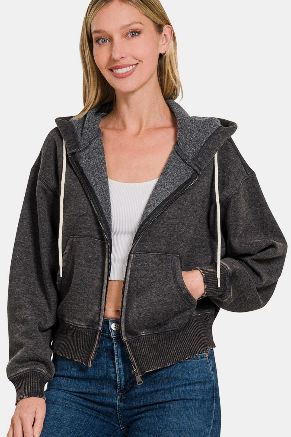 Blue Zone Planet | Zenana Acid Wash Fleece Zip-Up Cropped Hoodie-TOPS / DRESSES-[Adult]-[Female]-Ash Black-S-2022 Online Blue Zone Planet