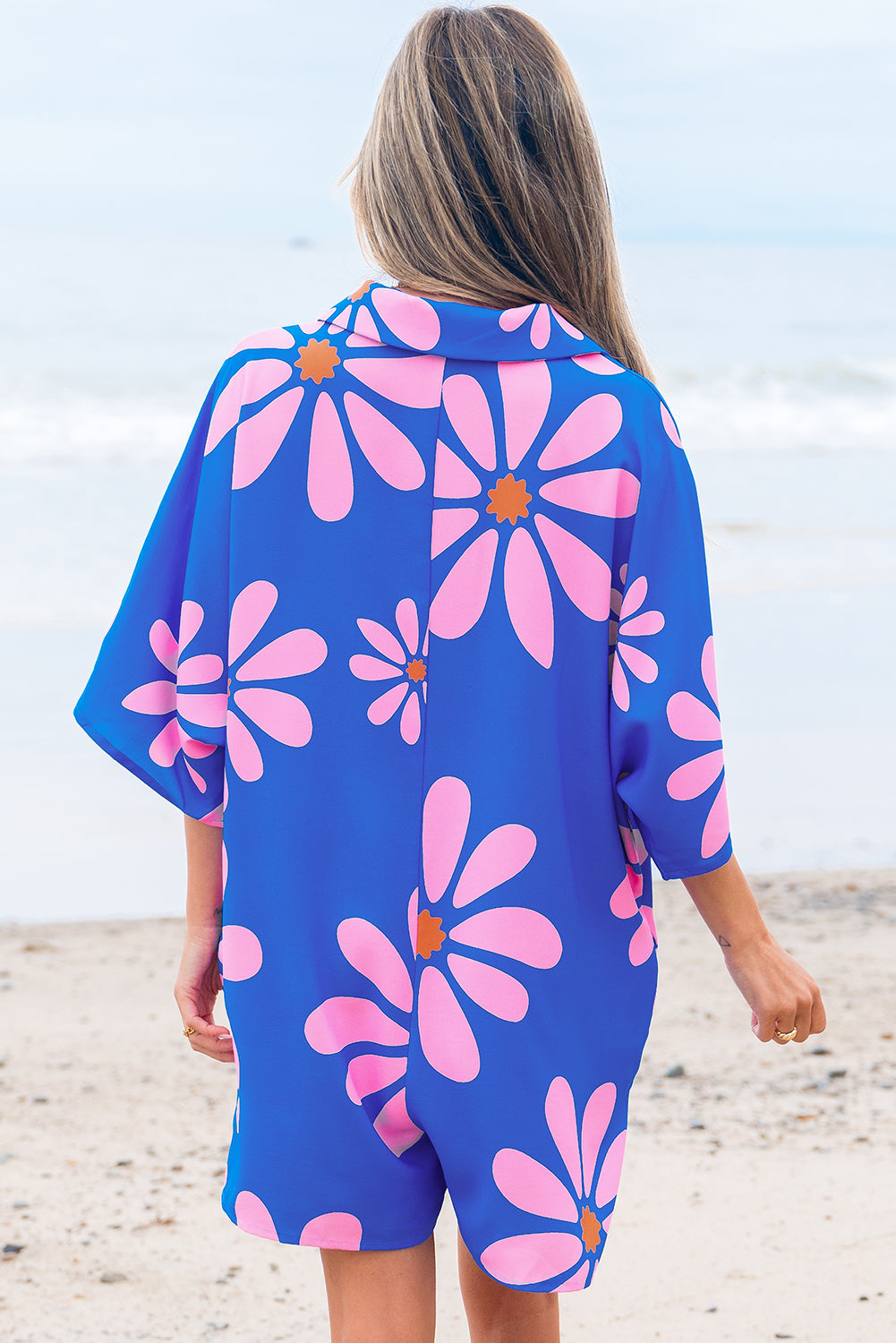 Blue Summer Flower Print Shirt Collar Button Front Loose Romper-Bottoms/Jumpsuits & Rompers-[Adult]-[Female]-2022 Online Blue Zone Planet