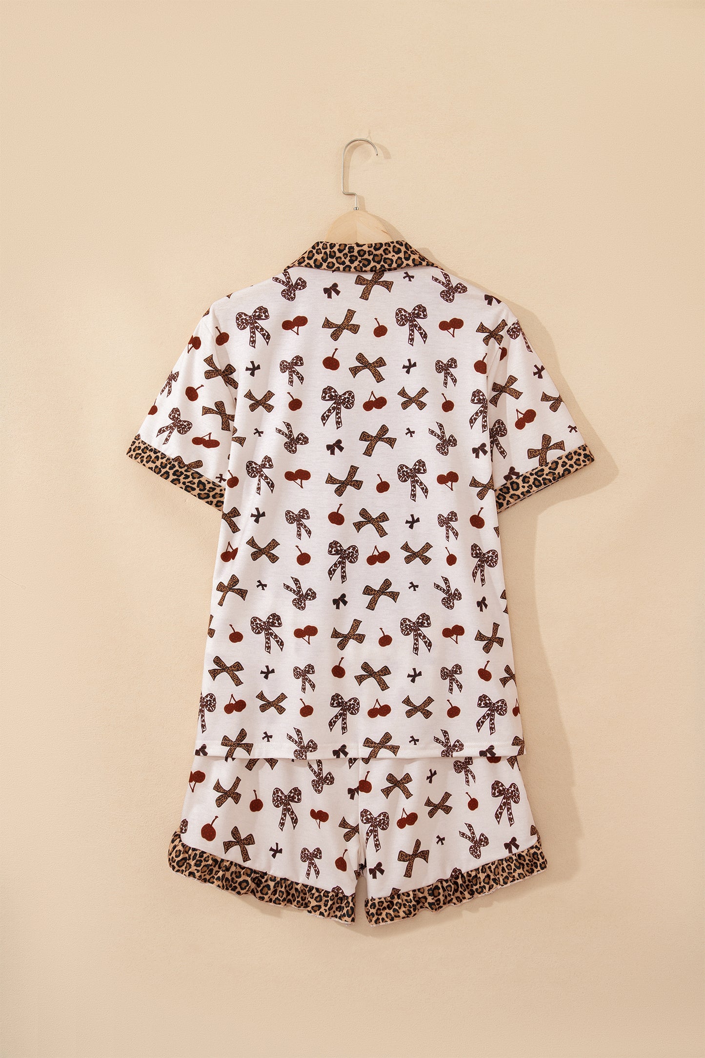 White Chic Bow Cherry Printed Leopard Contrast Patchwork Shirt Drawstring Shorts 2pcs PJ Set-Loungewear & Sleepwear/Sleepwear-[Adult]-[Female]-2022 Online Blue Zone Planet