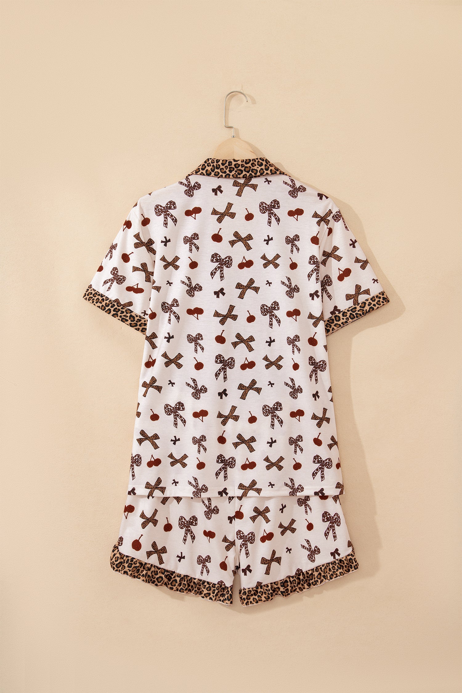White Chic Bow Cherry Printed Leopard Contrast Patchwork Shirt Drawstring Shorts 2pcs PJ Set-Loungewear & Sleepwear/Sleepwear-[Adult]-[Female]-2022 Online Blue Zone Planet