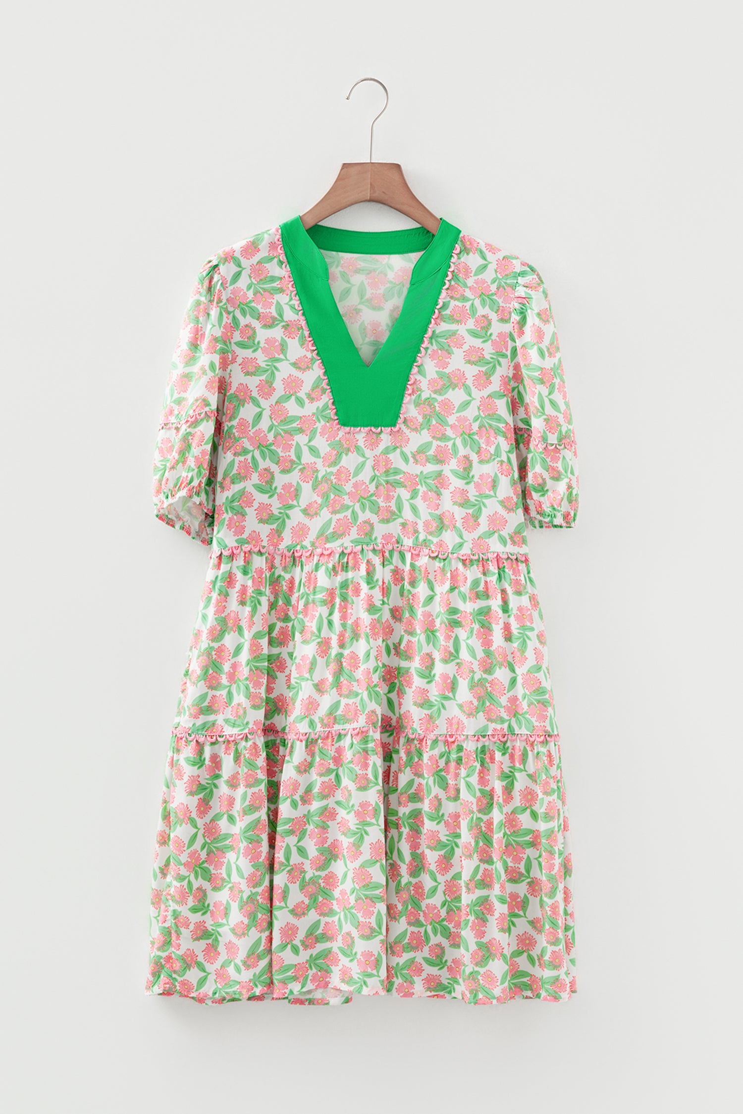 Green Contrast Neckline Ricrac Trim Floral Short Puff Sleeve Dress-TOPS / DRESSES-[Adult]-[Female]-2022 Online Blue Zone Planet