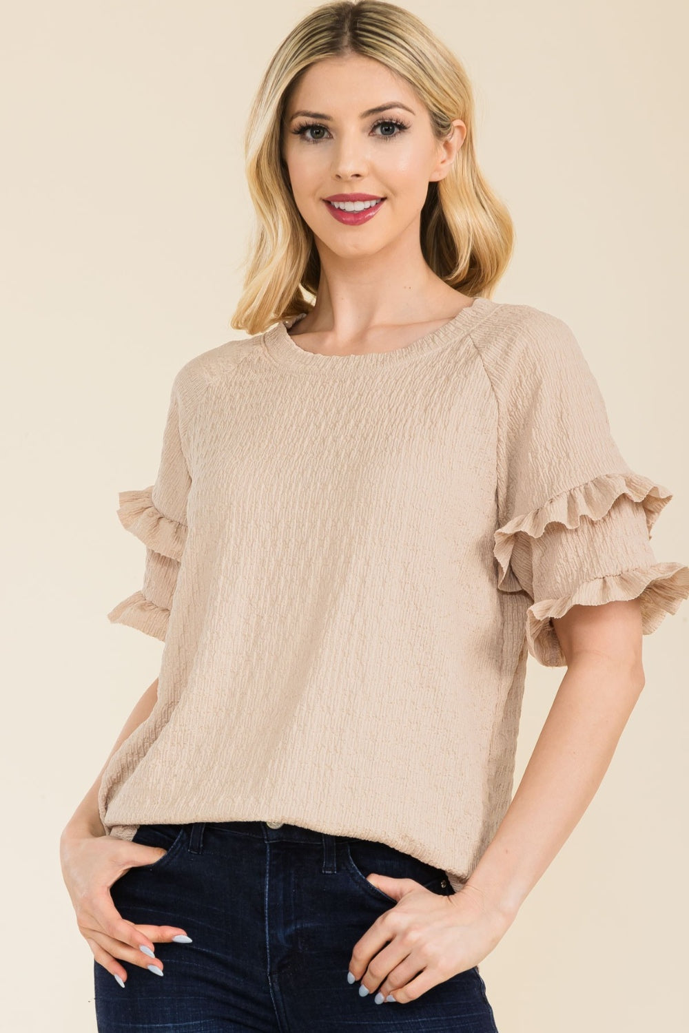 Celeste Full Size Ruffle Short Sleeve Texture Top-TOPS / DRESSES-[Adult]-[Female]-Beige-S-2022 Online Blue Zone Planet