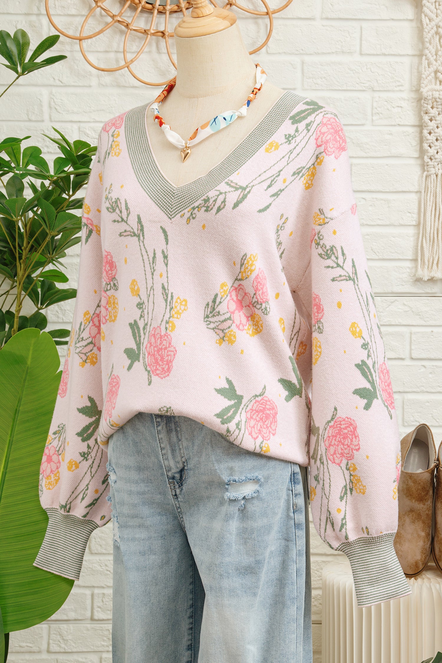 Pink Floral Pattern Striped V Neck Loose Sweater-TOPS / DRESSES-[Adult]-[Female]-2022 Online Blue Zone Planet