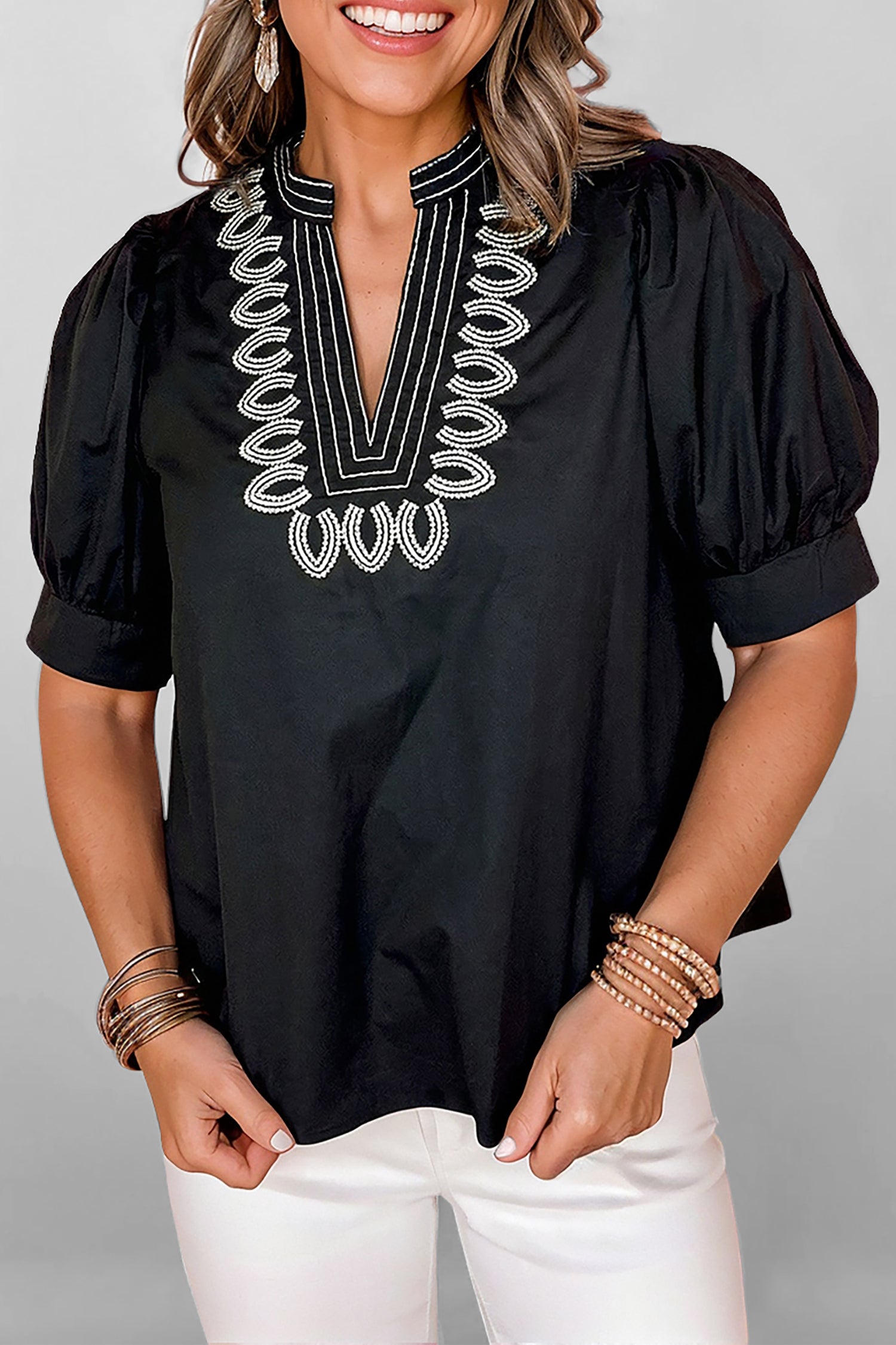 Black Short Puff Sleeve Contrast Embroidered Detail V Neck Blouse-Tops/Blouses & Shirts-[Adult]-[Female]-Black-S-2022 Online Blue Zone Planet