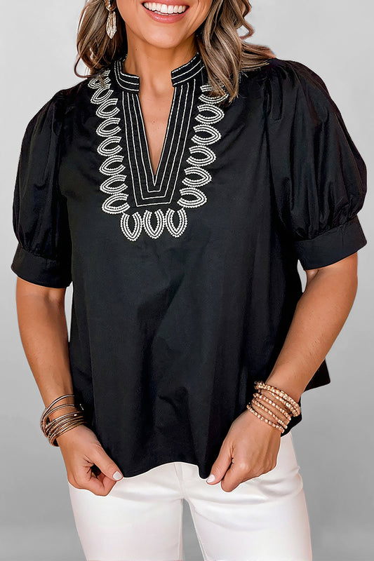 Black Short Puff Sleeve Contrast Embroidered Detail V Neck Blouse-Tops/Blouses & Shirts-[Adult]-[Female]-Black-S-2022 Online Blue Zone Planet