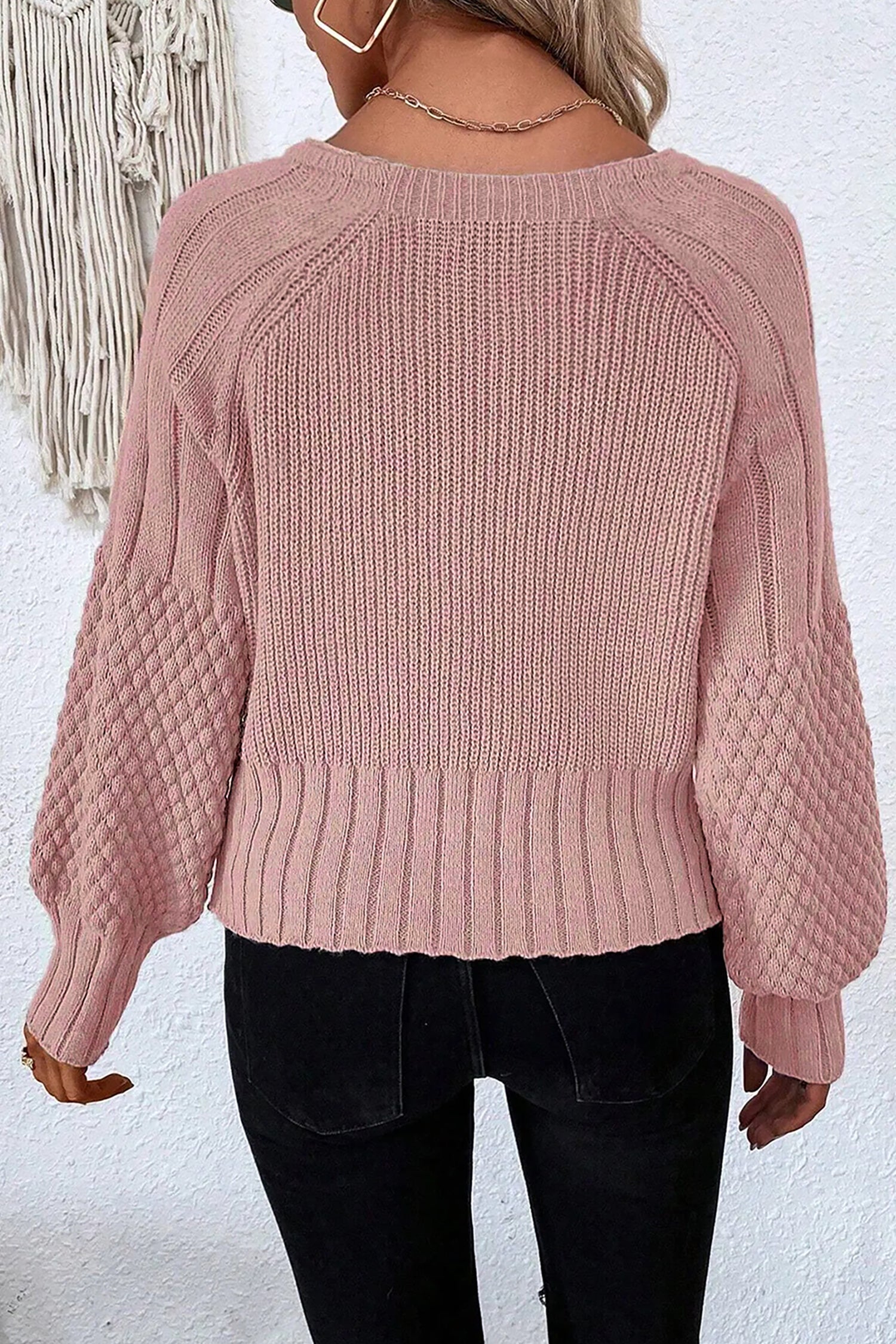 Light Pink Mixed Texture Knit Button V Neck Sweater Cardigan-TOPS / DRESSES-[Adult]-[Female]-2022 Online Blue Zone Planet