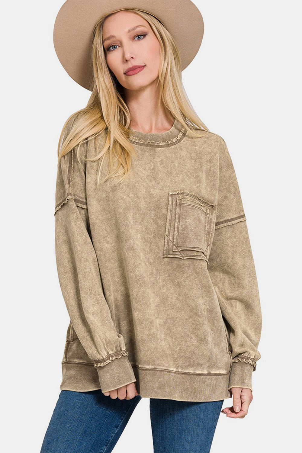 Blue Zone Planet | Zenana Exposed Seam Round Neck Dropped Shoulder Sweatshirt-TOPS / DRESSES-[Adult]-[Female]-Mocha-S-2022 Online Blue Zone Planet