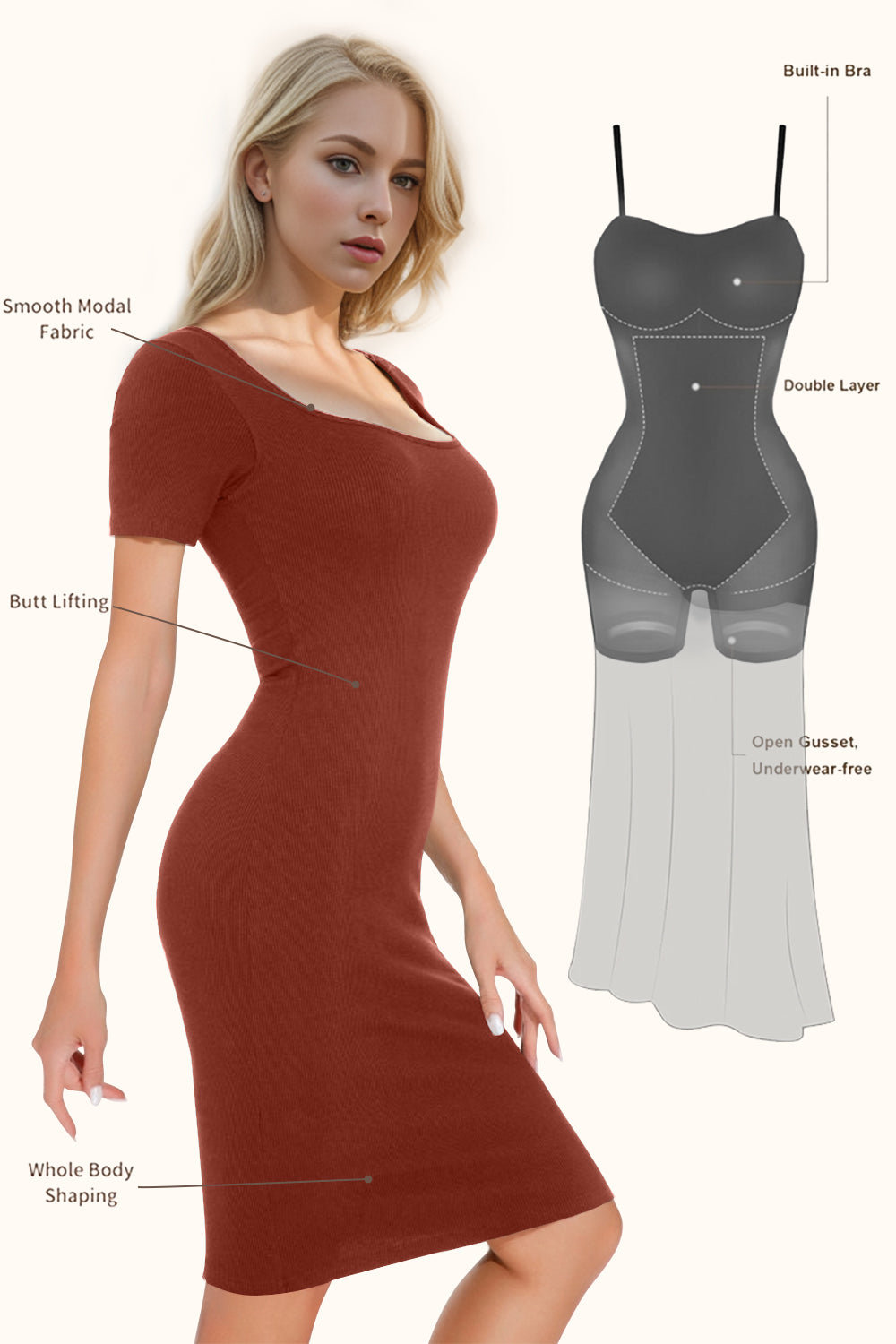 Basic Bae Full Size Built-In Shapewear Square Neck Short Sleeve Dress-TOPS / DRESSES-[Adult]-[Female]-Terracotta-S-2022 Online Blue Zone Planet