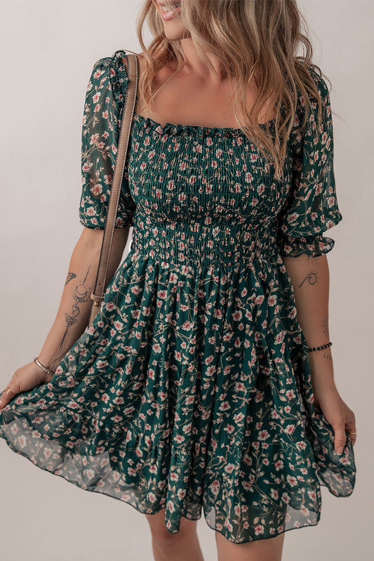 Green Smocked Square Neck Puff Short Sleeve Floral Dress-TOPS / DRESSES-[Adult]-[Female]-Green-S-2022 Online Blue Zone Planet