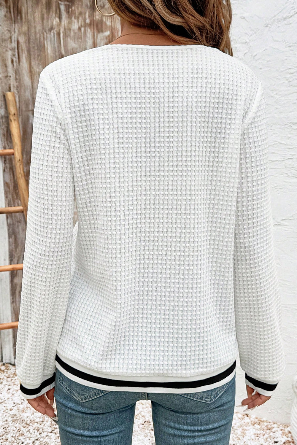 White Textured Knit Preppy Striped Trim V Neck Pullover Waffle Top-Tops/Long Sleeve Tops-[Adult]-[Female]-2022 Online Blue Zone Planet