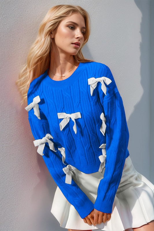 Double Take Full Size Bow Cable-Knit Round Neck Sweater-TOPS / DRESSES-[Adult]-[Female]-Blue-S/M-2022 Online Blue Zone Planet