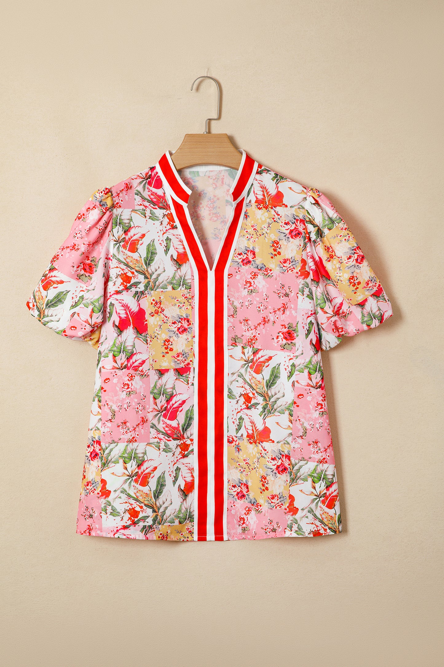 Pink Contrast Collared V Neck Short Sleeve Floral Blouse-Tops/Blouses & Shirts-[Adult]-[Female]-2022 Online Blue Zone Planet