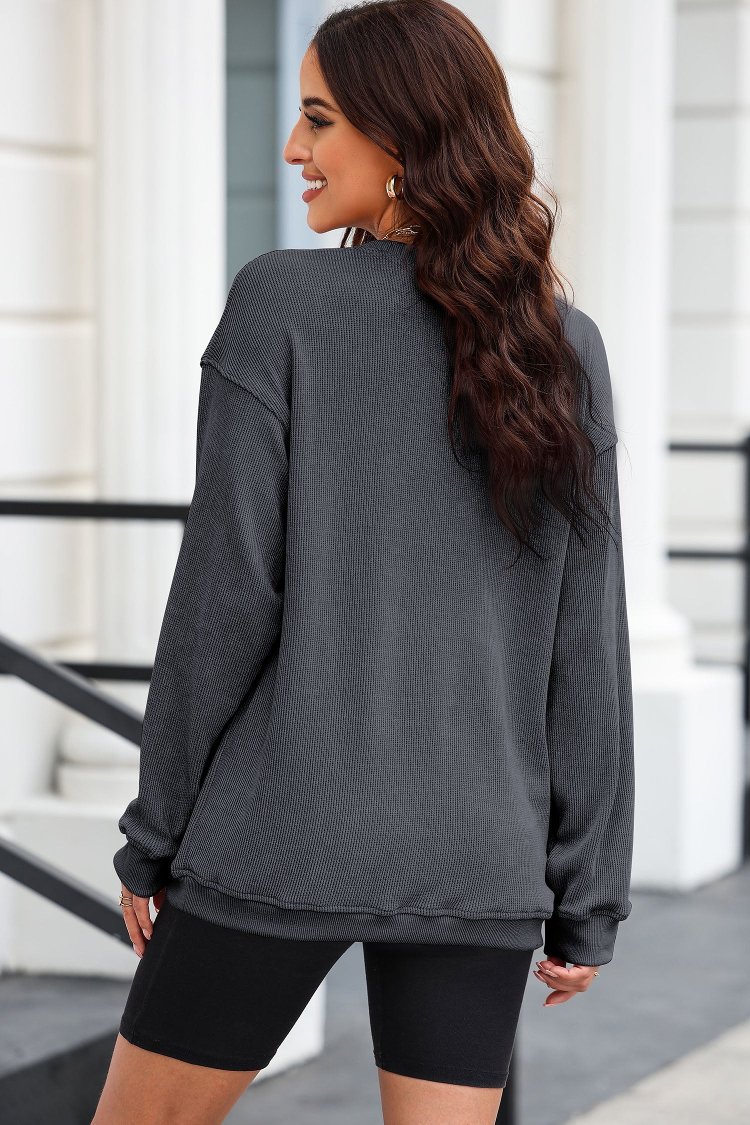 Gray Twisted Ribbed Texture saved by grace Letter Embroidered Pullover Sweatshirt-Graphic/Graphic Sweatshirts-[Adult]-[Female]-2022 Online Blue Zone Planet