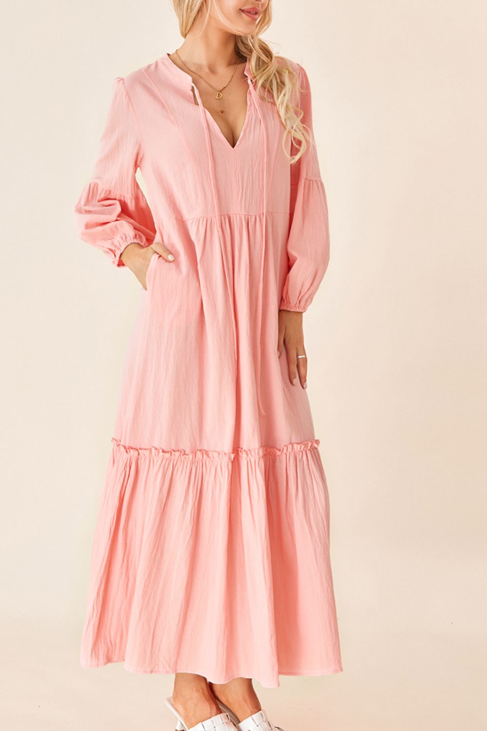 Frill Tiered Tie Neck Long Sleeve Dress Watermelon Pink / S