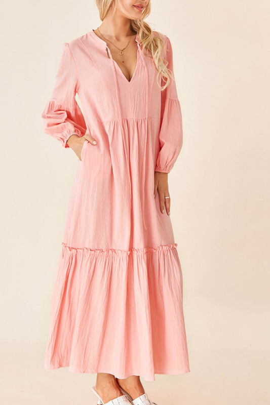 Frill Tiered Tie Neck Long Sleeve Dress-TOPS / DRESSES-[Adult]-[Female]-Watermelon pink-S-2022 Online Blue Zone Planet