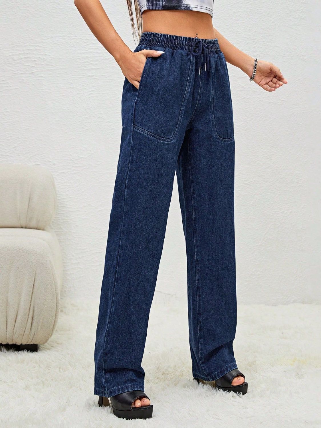 Drawstring Elastic Waist Jeans with Pockets-[Adult]-[Female]-2022 Online Blue Zone Planet