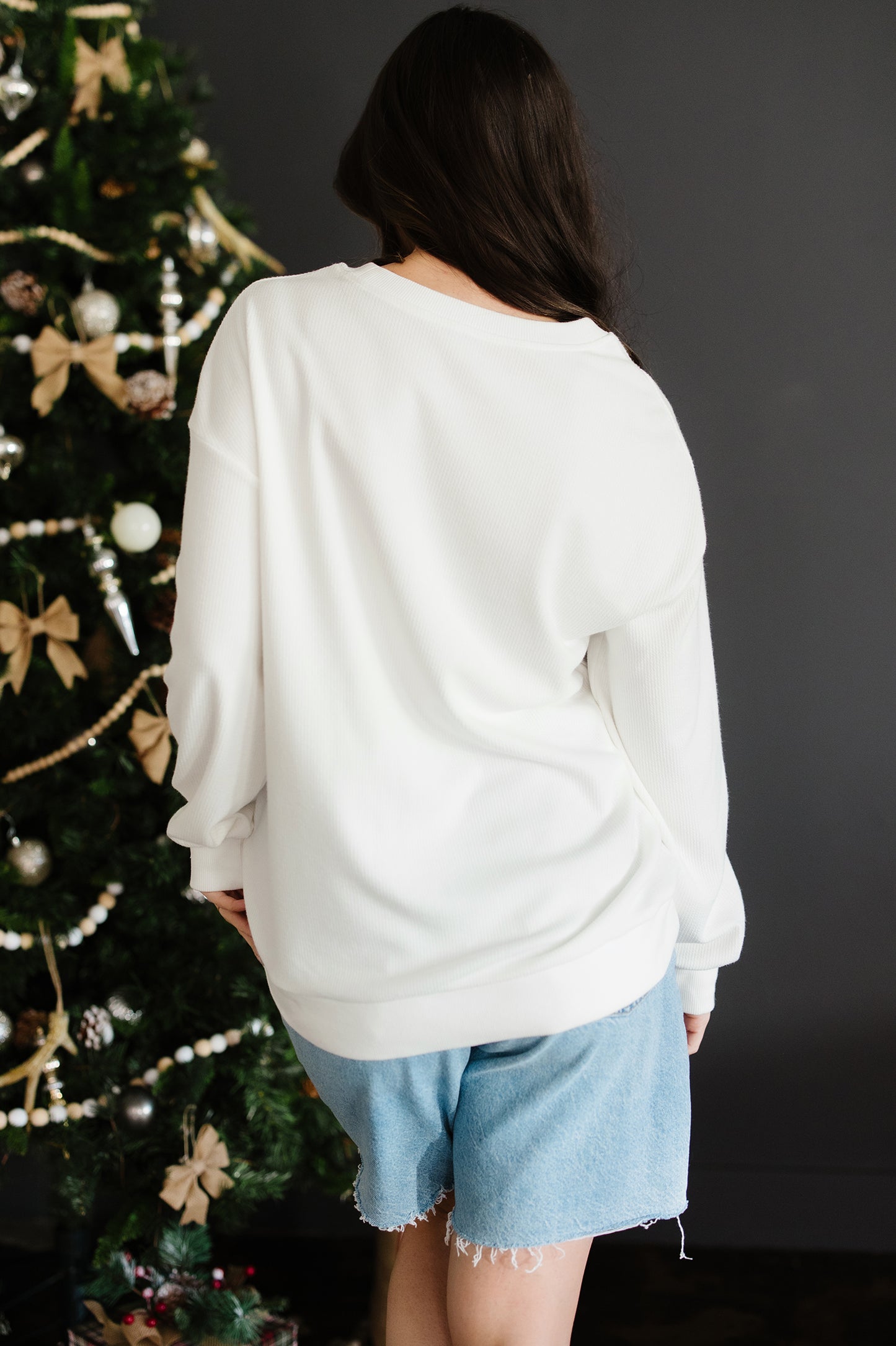 White Merry Tinsel Letter Embroidery Ribbed Drop Shoulder Sweatshirt-Tops/Sweatshirts & Hoodies-[Adult]-[Female]-2022 Online Blue Zone Planet