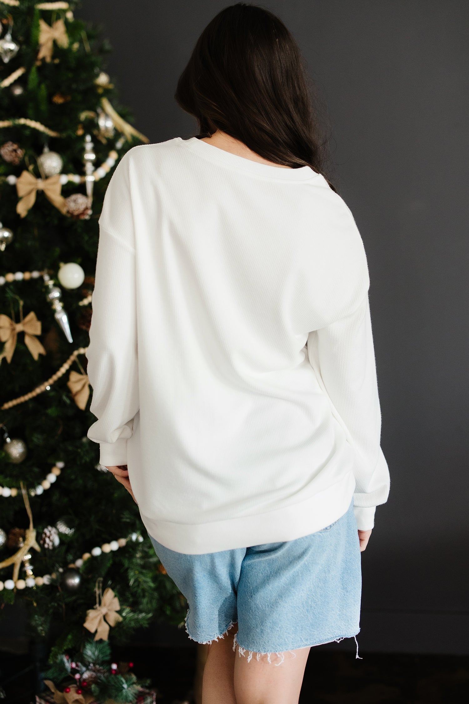 White Merry Tinsel Letter Embroidery Ribbed Drop Shoulder Sweatshirt-Tops/Sweatshirts & Hoodies-[Adult]-[Female]-2022 Online Blue Zone Planet
