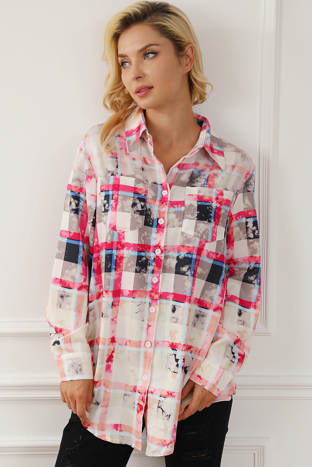 Plaid Button Up Long Sleeve Shirt-TOPS / DRESSES-[Adult]-[Female]-Hot Pink-S-2022 Online Blue Zone Planet