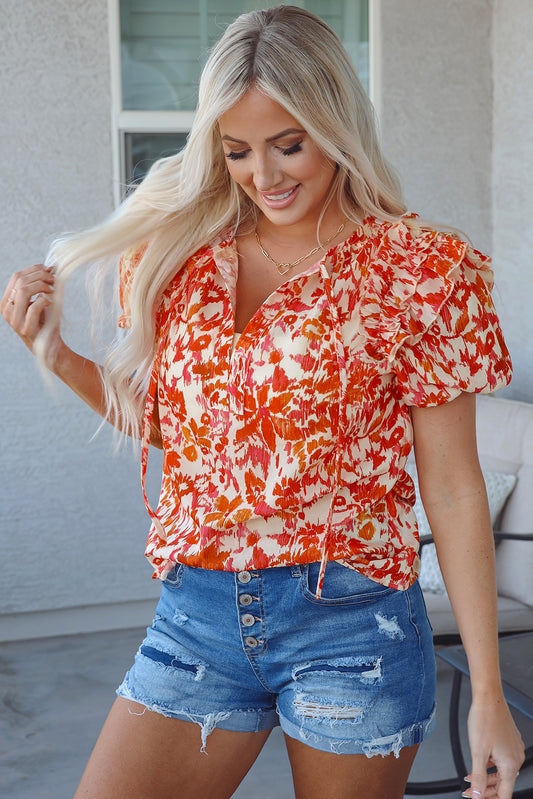 Orange Floral Print Ruffled Short Puff Sleeve Split Neck Blouse-Tops/Blouses & Shirts-[Adult]-[Female]-Orange-S-2022 Online Blue Zone Planet