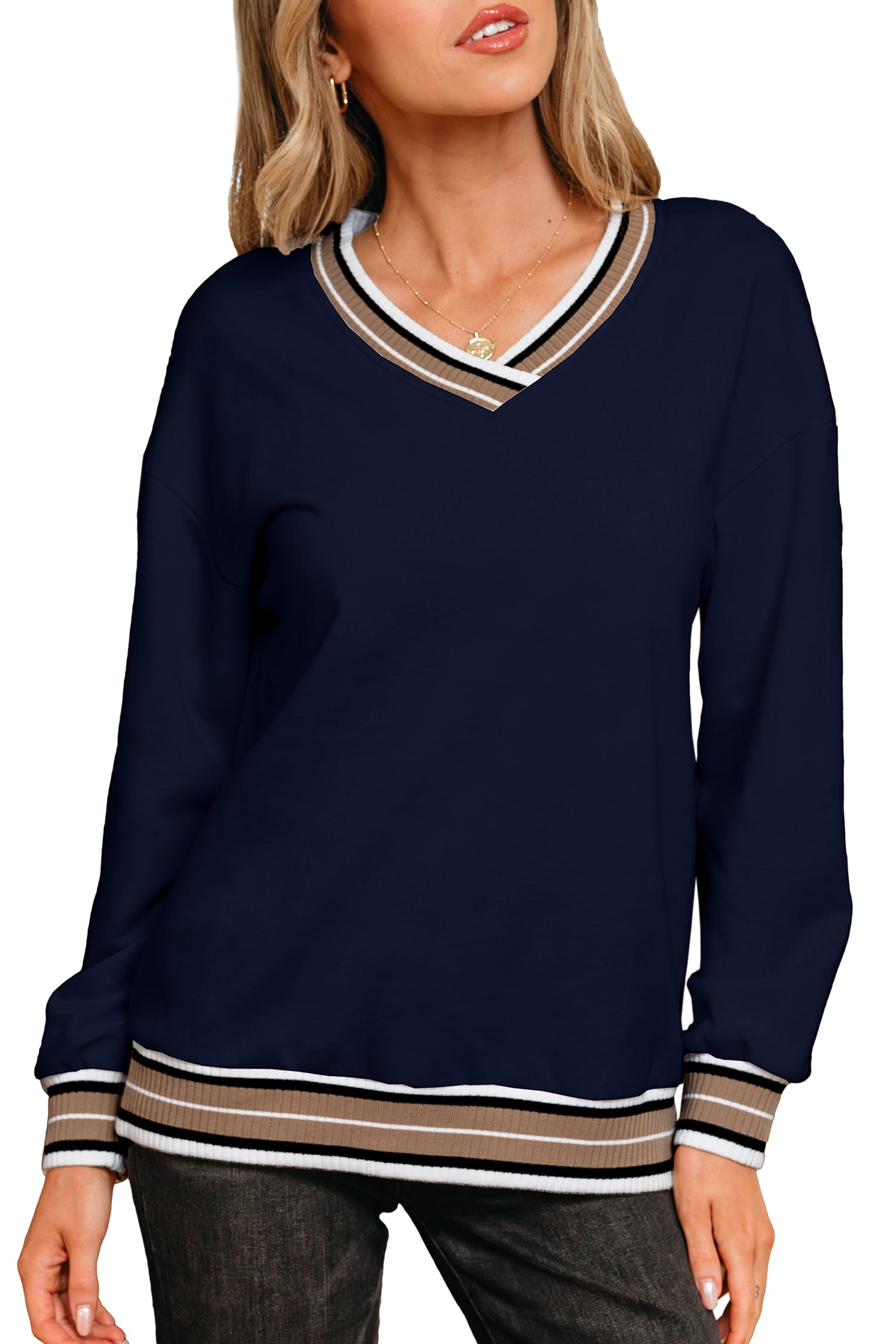 Navy Blue Varsity Contrast Striped Trim V Neck Sweatshirt-Tops/Sweatshirts & Hoodies-[Adult]-[Female]-2022 Online Blue Zone Planet