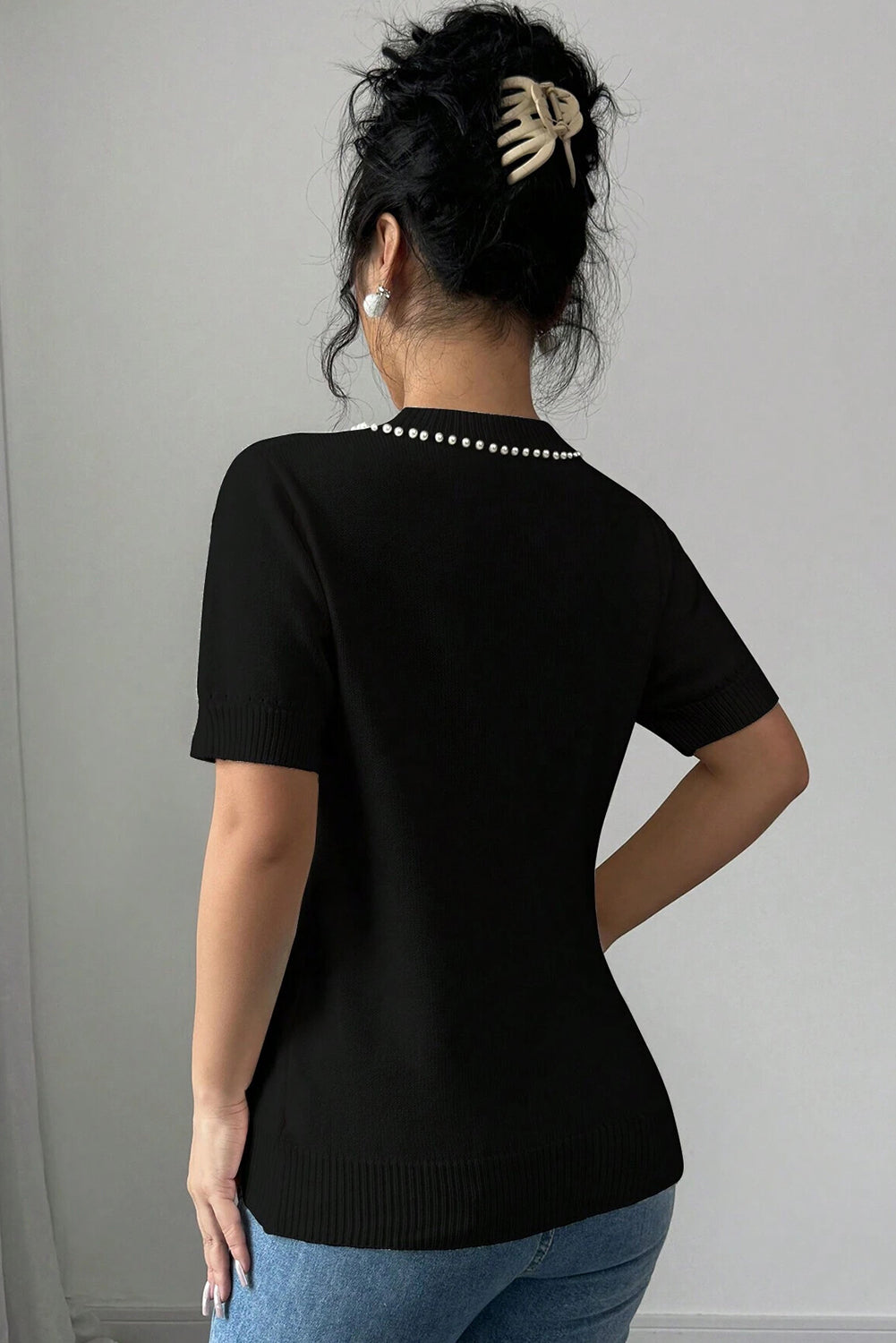 Black Pearl Bow Necklace Embellished Short Sleeve Knitted T Shirt-Sweaters & Cardigans/Short Sleeve Sweaters-[Adult]-[Female]-2022 Online Blue Zone Planet