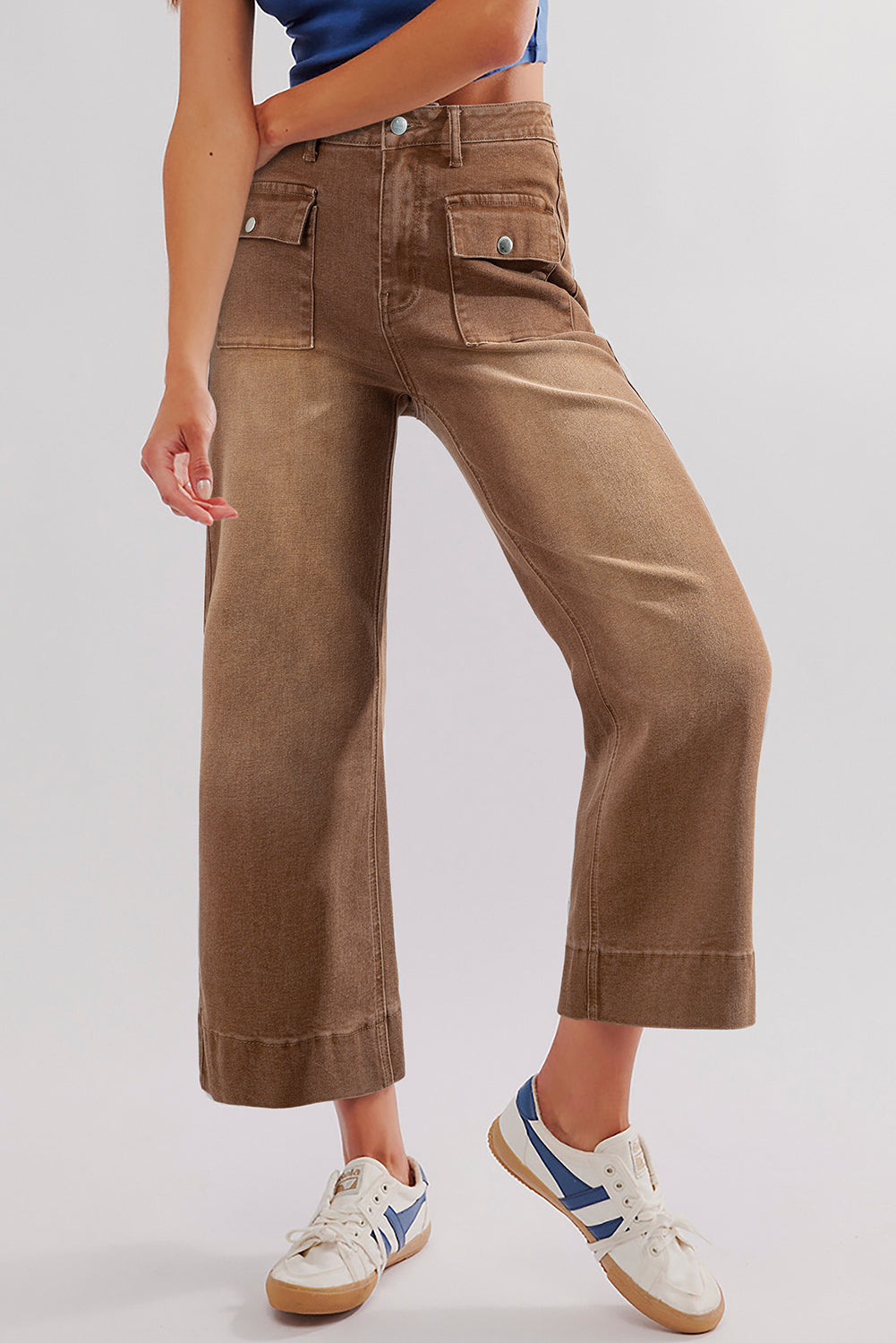 Brown Flap Pockets Front Straight Cropped Jeans-Bottoms/Jeans-[Adult]-[Female]-Brown-4-2022 Online Blue Zone Planet