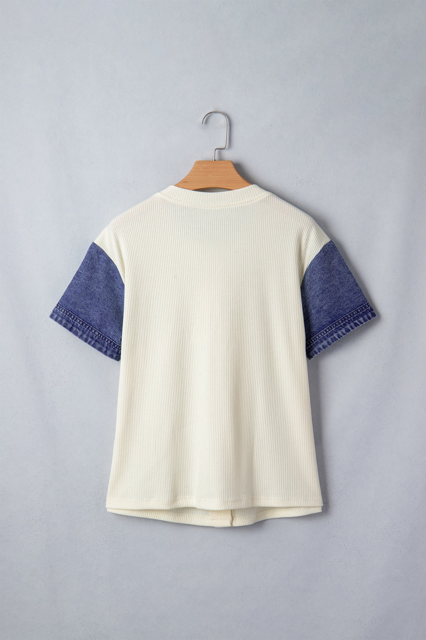 Beige Denim Patchwork Short Sleeve Ribbed Shirt-Tops/Blouses & Shirts-[Adult]-[Female]-2022 Online Blue Zone Planet