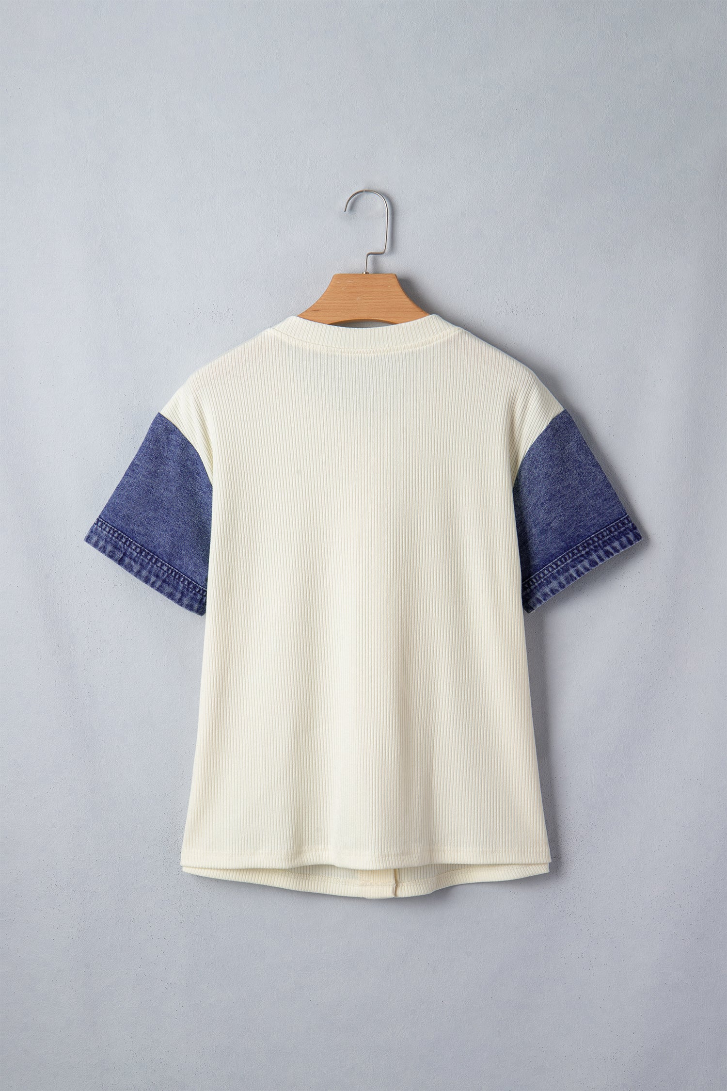 Beige Denim Patchwork Short Sleeve Ribbed Shirt-Tops/Blouses & Shirts-[Adult]-[Female]-2022 Online Blue Zone Planet