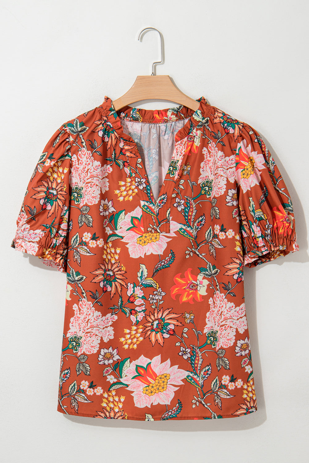Brown Floral Stitched V Neck Frilled Trim Puff Short Sleeve Blouse-Plus Size/Plus Size Tops/Plus Size Blouses & Shirts-[Adult]-[Female]-2022 Online Blue Zone Planet
